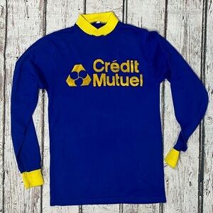 Vintage 80s Credit Mutuel Soccer Blue Sports 1980s Blue Uniform Jersey Shirt